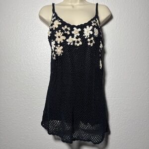 INC Crochet Tank Top Black Lined Floral Boho Festival Hippie Women Large